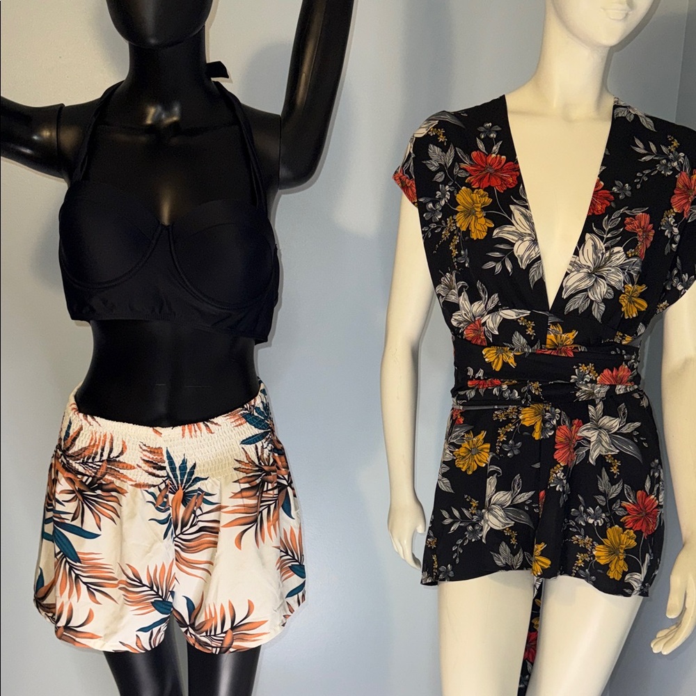 SHEIN Black Floral Wrap Romper and Tropical Print Shorts Set